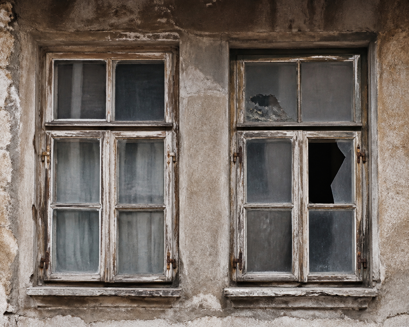 Deux fenêtres anciennes et délabrées sur une façade en crépi, dont une vitre